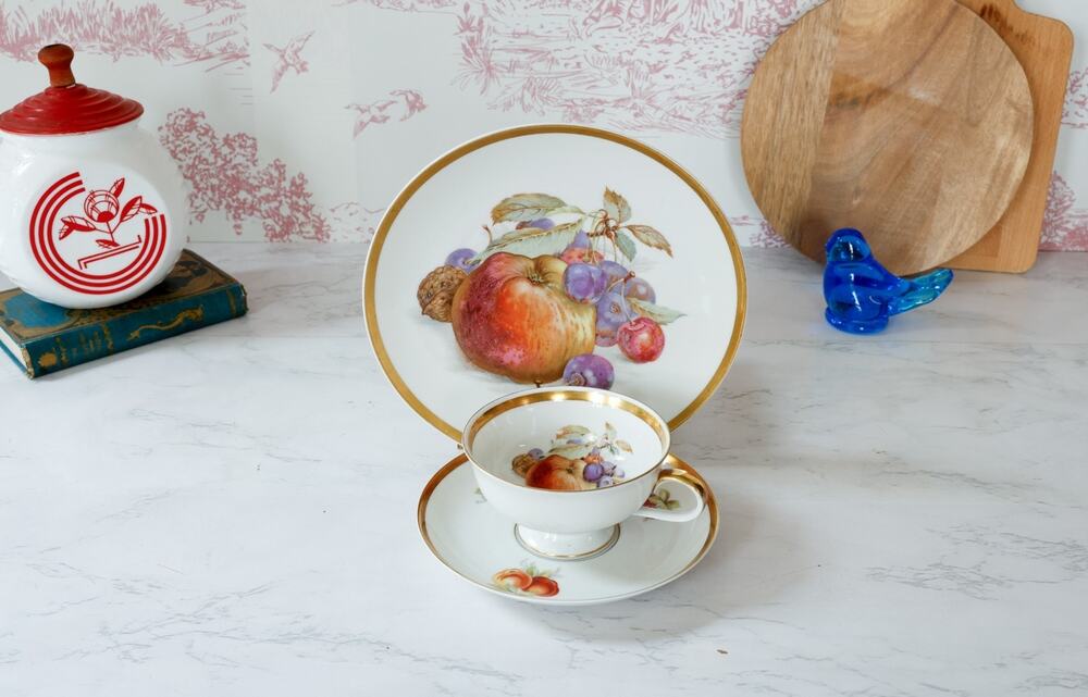 VTG Jaeger Co Germany Orchard Fruit Teacup Trio Set MCM Tea Party Cottage Farm